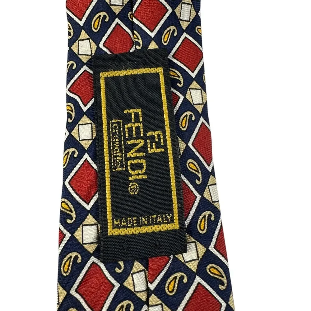 FENDI FF Silk Tie Red Navy Gold Paisley Baroque Geometric 56 x4  Italy 80's